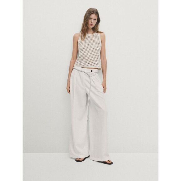 Massimo Dutti Women Linen Pants EU 40 US 8 White Wide Leg High Rise 5054/954 NWT - Picture 1 of 10